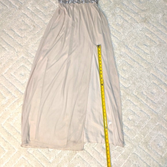 City Triangle Beige Shoulder Strapped Gown w/ Pleated Chest & Side Slit, 7 - Picture 7 of 12